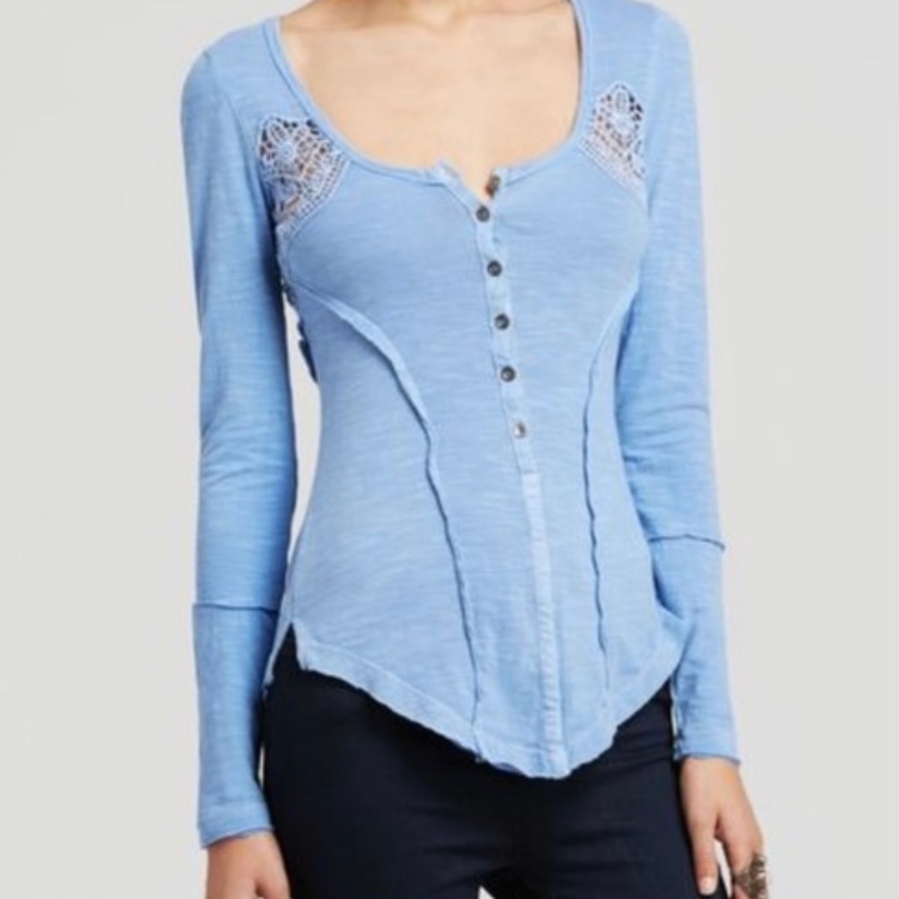 Free People long sleeve henley top with crochet lace insert detailing S